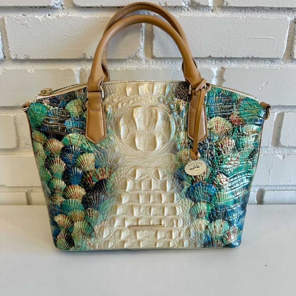 Brahmin Cream and Green Embossed Satchel
